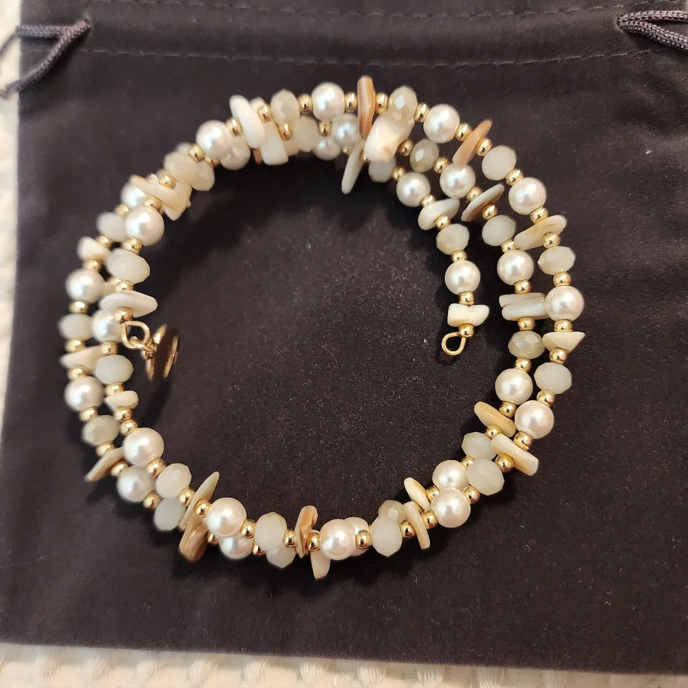 Vintage Liz Claiborne 1975 Goldtone and Pearl Spiral Bracelet Fits Large Wrist